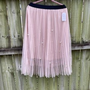 Sadie and Love blush and tan midi length tutu style skirt with pearls all over